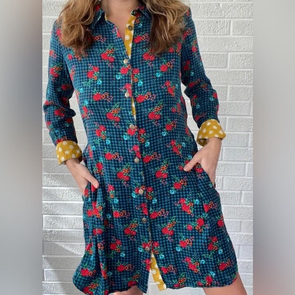 Matilda Jane FA LA LA Shirt Dress Button and Tie Front Multi Print Shirt Dress M